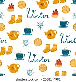 Seamless pattern with winter inscription and winter elements. Pattern with teapot, snowflake, orange, warm socks and cake.