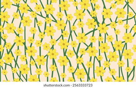 Seamless Pattern of Winter Jasmine on Ivory Background. A seamless floral pattern showcasing vibrant yellow winter jasmine flowers with green stems, set against a soft ivory bg.