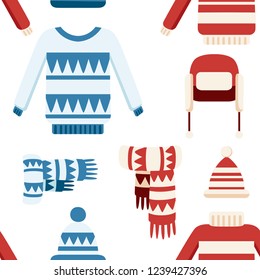 Seamless pattern. Winter knitted clothes collection. Sweater, hats, scarf. Handmade clothtes with pattern, winter style. Flat vector illustration on white background.