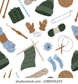 Seamless pattern with winter knitted clothes and knitting tools isolated on background - woolen sweater, scarf, hat, mittens, socks, needles, hook, yarn. Flat cartoon vector illustration