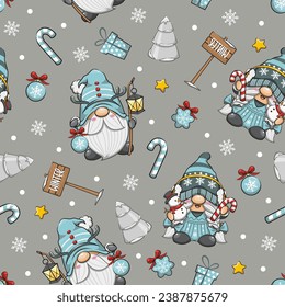 Seamless Pattern Winter Lady And Gnome, Christmas Gnome. Cute Cartoon Illustration