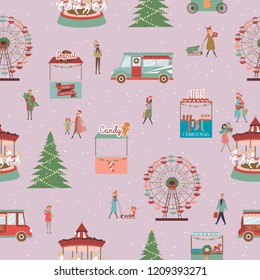 Seamless pattern with winter landscape, Christmas market and walking people. Editable vector illustration