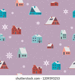 Seamless pattern with Winter landscape and houses in the Scandinavian style. Editable vector illustration