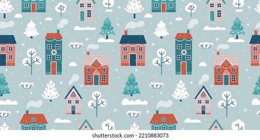 Seamless pattern with winter landscape and houses. Seamless background for Christmas and winter holidays.