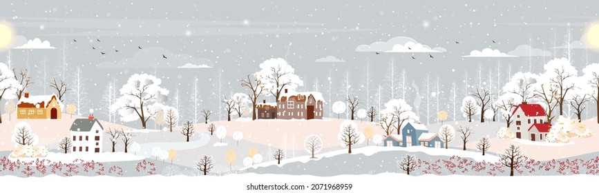 Seamless pattern Winter landscape at night in countryside background,Vector endless horizontal banner winter wonderland with house and forest pine tree,Backdrop for Celebrating Christmas and New Year