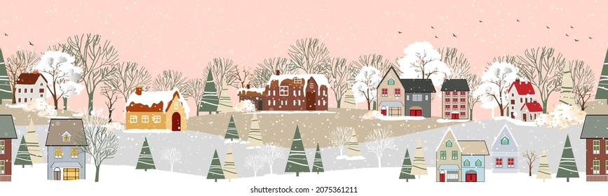 Seamless pattern Winter landscape at night in countryside background,Vector endless horizontal banner winter wonderland with house and forest pine tree,Backdrop for Celebrating Christmas and New Year