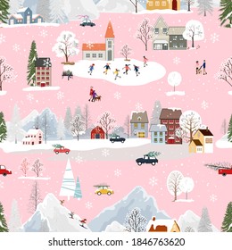 Seamless pattern Winter landscape in small town with people celebrating, Vector cute winter wonderland in the village with happy people playing ice skate in the park.