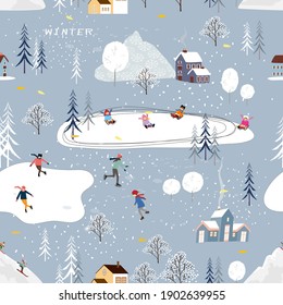 Seamless pattern Winter landscape in small town with people celebrating, Vector cute winter wonderland in the village with happy people playing ice skate in the park.