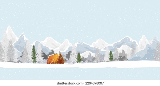 Seamless pattern Winter landscape with snowing at forest pine tree, mountains on blue sky,Repeat pattern Winter wonderland with farm house in village,Vector nature for Christmas or new Year Background