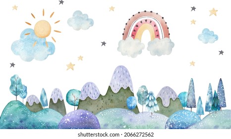 seamless pattern winter landscape, trees, mountains, clouds and stars watercolor childrens illustration on a white background, nursery room decor, print