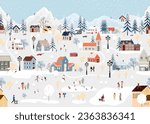 Seamless pattern Winter landscape,Celebrating Christmas and New Year 2024  in village at night with happy people playing ice skate in the park,Vector horizontal banner winter wonderland in countryside