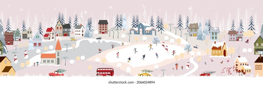 Seamless pattern Winter landscape,Celebrating Christmas and new Year 2024  in village at night with happy people playing ice skate in the park,Vector horizontal banner winter wonderland in countryside