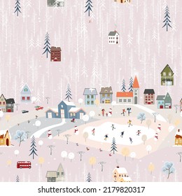 Seamless pattern Winter landscape,Celebrating Christmas and new Year 2023  in village at night with happy people playing ice skate in the park,Vector horizontal banner winter wonderland in countryside