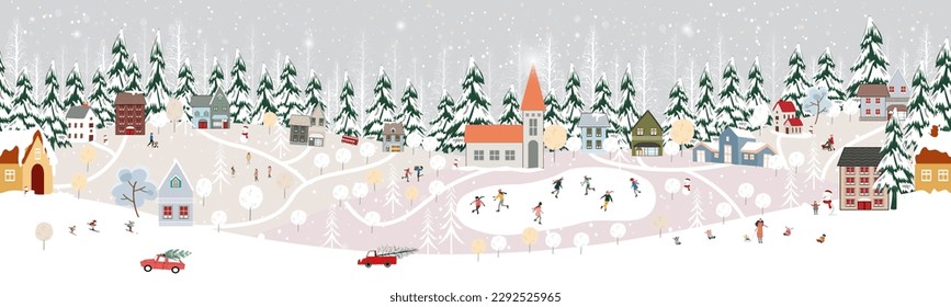 Seamless pattern Winter landscape,Celebrating Christmas and new Year 2024  in village at night with happy people playing ice skate in the park,Vector horizontal banner winter wonderland in countryside