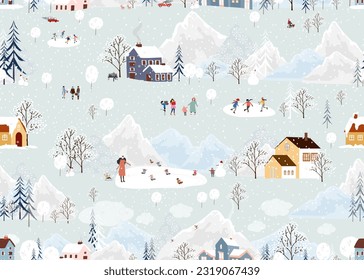 Seamless pattern Winter landscape,Celebrating Christmas and New Year 2024  in village at night with happy people playing ice skate in the park,Vector horizontal banner winter wonderland in countryside