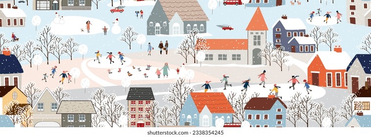 Seamless pattern Winter landscape,Celebrating Christmas and New Year 2024  in City at night with happy people playing ice skate in the park,Vector horizontal banner winter wonderland in countryside