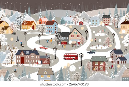Seamless pattern Winter landscape,Celebrating Christmas and New Year 2026 in City at night with happy people playing ice skate in the park,Vector horizontal banner winter wonderland in countryside