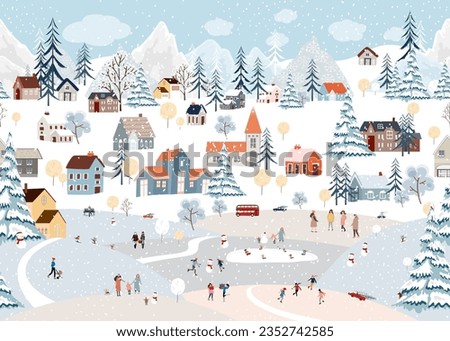 Seamless pattern Winter landscape,Celebrating Christmas and New Year 2026  in village at night with happy people playing ice skate in the park,Vector horizontal banner winter wonderland in countryside