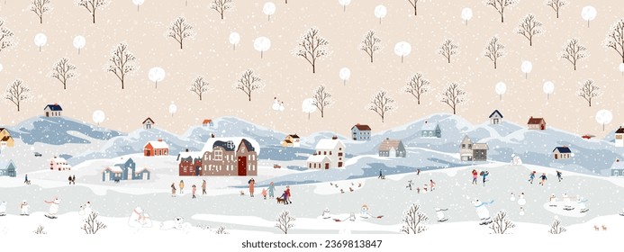 Seamless pattern Winter landscape,Christmas,New Year background in village at night with happy peopleand polar bear playing ice skate in the park,Vector horizontal cute pattern Winter wonderland