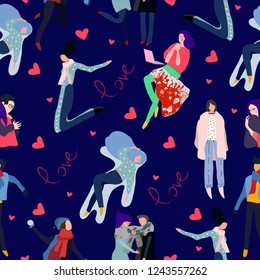 Seamless pattern. Winter love. Different people in the winter time. Blue background. Vector