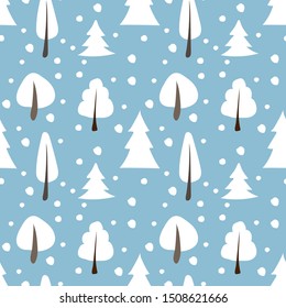 Seamless pattern of winter merry Christmas and new year snow spruce, tree, fir on blue botanical background, fabric card design, vector illustration