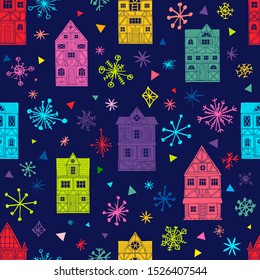 Seamless pattern winter Merry Christmas colorful houses buildings facades stars snowflakes. New Year city landscape design texture. Hand drawn vector illustration.
