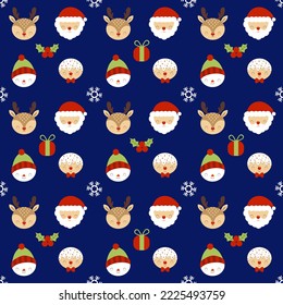 Seamless pattern of winter Merry Christmas and Happy New year with Santa Claus, Reindeer, snowman, gingerbread, snowflake, gift box, and flower for wrapping paper, background, cloth, or decoration. 