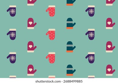 Patrón sin fisuras con manoplas de invierno en estilo pixel art. Calcetines multicolores en estilo 8-bit. Ilustración vectorial.