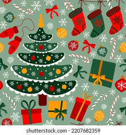 seamless pattern winter mood, Christmas tree, toys and gifts
