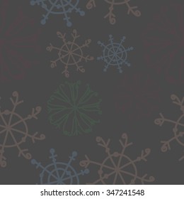 Seamless pattern  of winter  motif, doodles, snowflakes,ellipses, spots, spirals. Hand drawn.