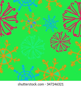 Seamless pattern  of winter  motif, doodles, snowflakes,ellipses, spots, spirals. Hand drawn.