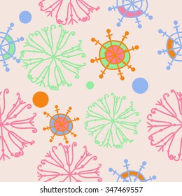 Seamless pattern  of winter  motif, doodles, snowflakes,ellipses, spots, spirals. Hand drawn.