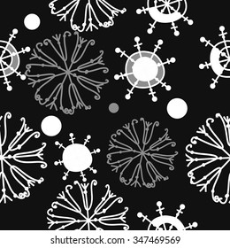Seamless pattern  of winter  motif, doodles, snowflakes,ellipses, spots, spirals. Hand drawn.