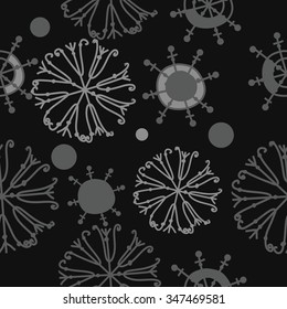 Seamless pattern  of winter  motif, doodles, snowflakes,ellipses, spots, spirals. Hand drawn.