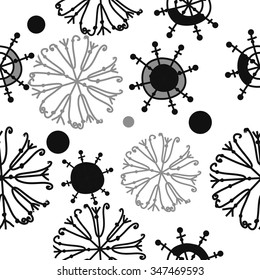 Seamless pattern  of winter  motif, doodles, snowflakes,ellipses, spots, spirals. Hand drawn.