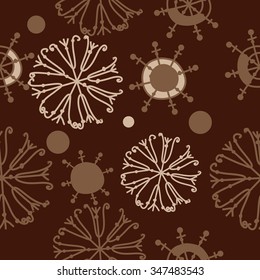 Seamless pattern  of winter  motif, doodles, snowflakes,ellipses, spots, spirals. Hand drawn.