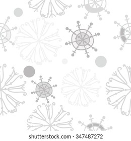 Seamless pattern  of winter  motif, doodles, snowflakes,ellipses, spots, spirals. Hand drawn.