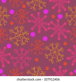 Seamless    pattern  of  winter  motifs, doodles, stars, snowflakes, ellipses. Hand drawn.