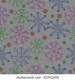 Seamless    pattern  of  winter  motifs, doodles, stars, snowflakes, ellipses. Hand drawn.