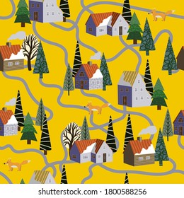 Seamless pattern with winter mountain landscape and small houses. Vector