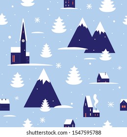 Seamless pattern with winter nature on a blue background. Snow-covered houses and mountains, white spruce. Template for use in wrapping paper design, textile, packaging. Vector seasonal illustration.