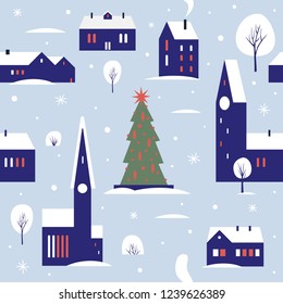 Seamless pattern for winter, new year and christmas theme. Small cute town, decorated for the New Year holidays in the snow. Christmas picture. Vector flat cartoon illustration.