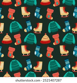 Seamless pattern with winter or New Year clothes on a green background. Skates, sweater, socks, hat. Modern design for your projects