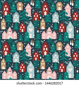 Seamless pattern with winter night town. Vector illustration with houses, trees, gnomes and snow. Great for Christmas theme.