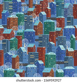 Seamless pattern. Winter night town. Vector hand drawing full color