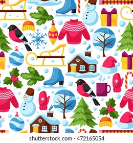 Seamless pattern with winter objects. Merry Christmas, Happy New Year holiday items and symbols.