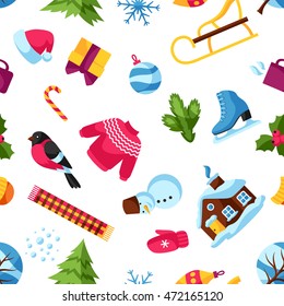 Seamless pattern with winter objects. Merry Christmas, Happy New Year holiday items and symbols.