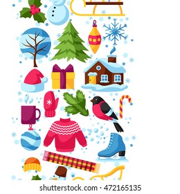 Seamless pattern with winter objects. Merry Christmas, Happy New Year holiday items and symbols.