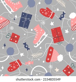Seamless pattern with winter ornament. Christmas print with socks, hats, gifts, sweets, ice skates. Vector graphics.
