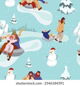 Seamless pattern winter outdoor activities, outdoor, entertainment, Christmas, Happy New Year, hand drawn, vector.
